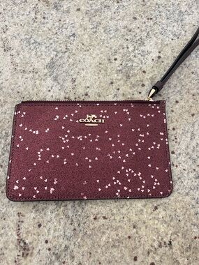Coach Burgundy Glitter Heart Zip Wristlet